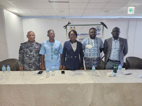 NSA boss Saffa Abdulai (second from right). Minister of Sports Augusta Teima in the middle. NSA boss Saffa Abdulai (second from right). Minister of Sports Augusta Teima in the middle.