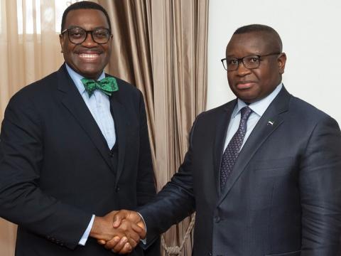 President Julius Maada Bio and AfBD President Akinwumi Adesina in a meeting in Freetown in March 2020 President Julius Maada Bio and AfBD President Akinwumi Adesina in a meeting in Freetown in March 2020